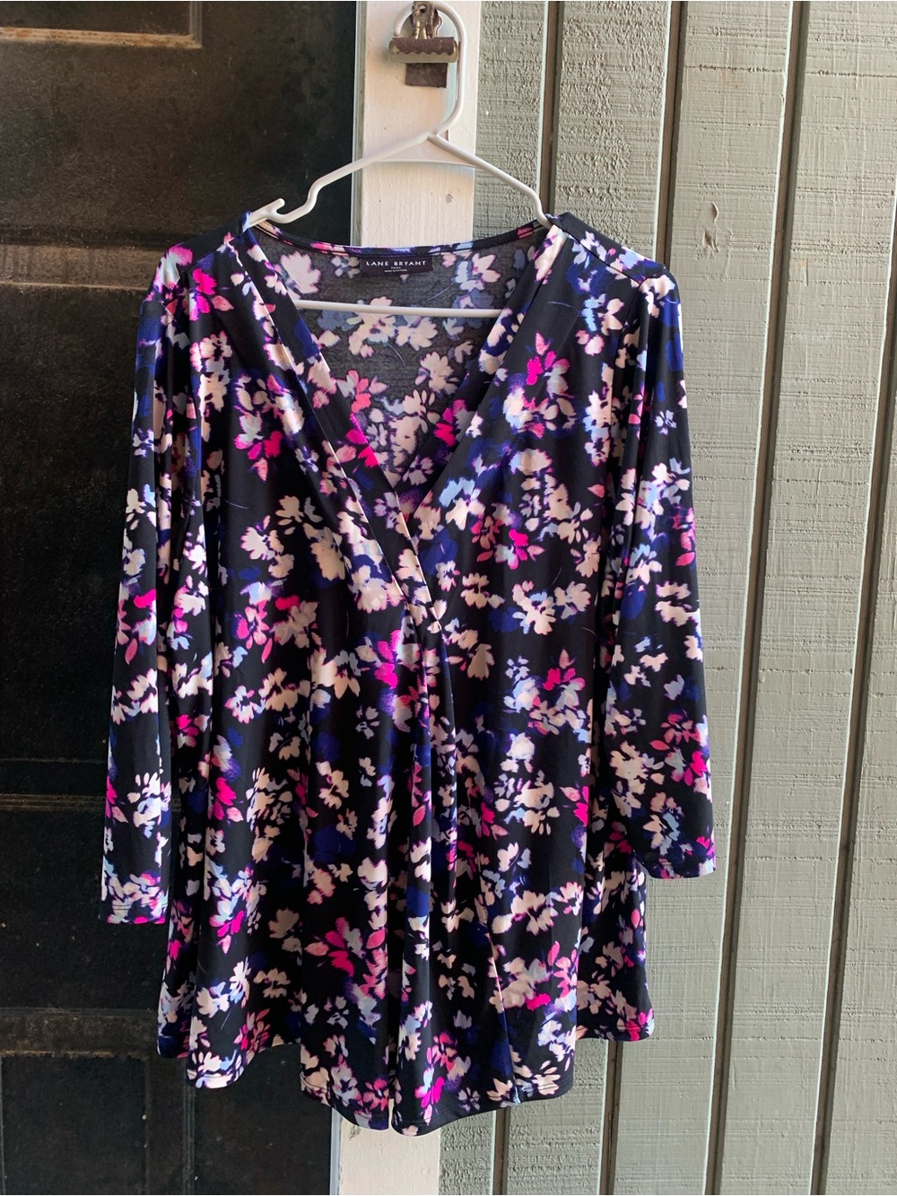 Lane Bryant Navy Floral Wrap-Style Top with Pink & White Accents